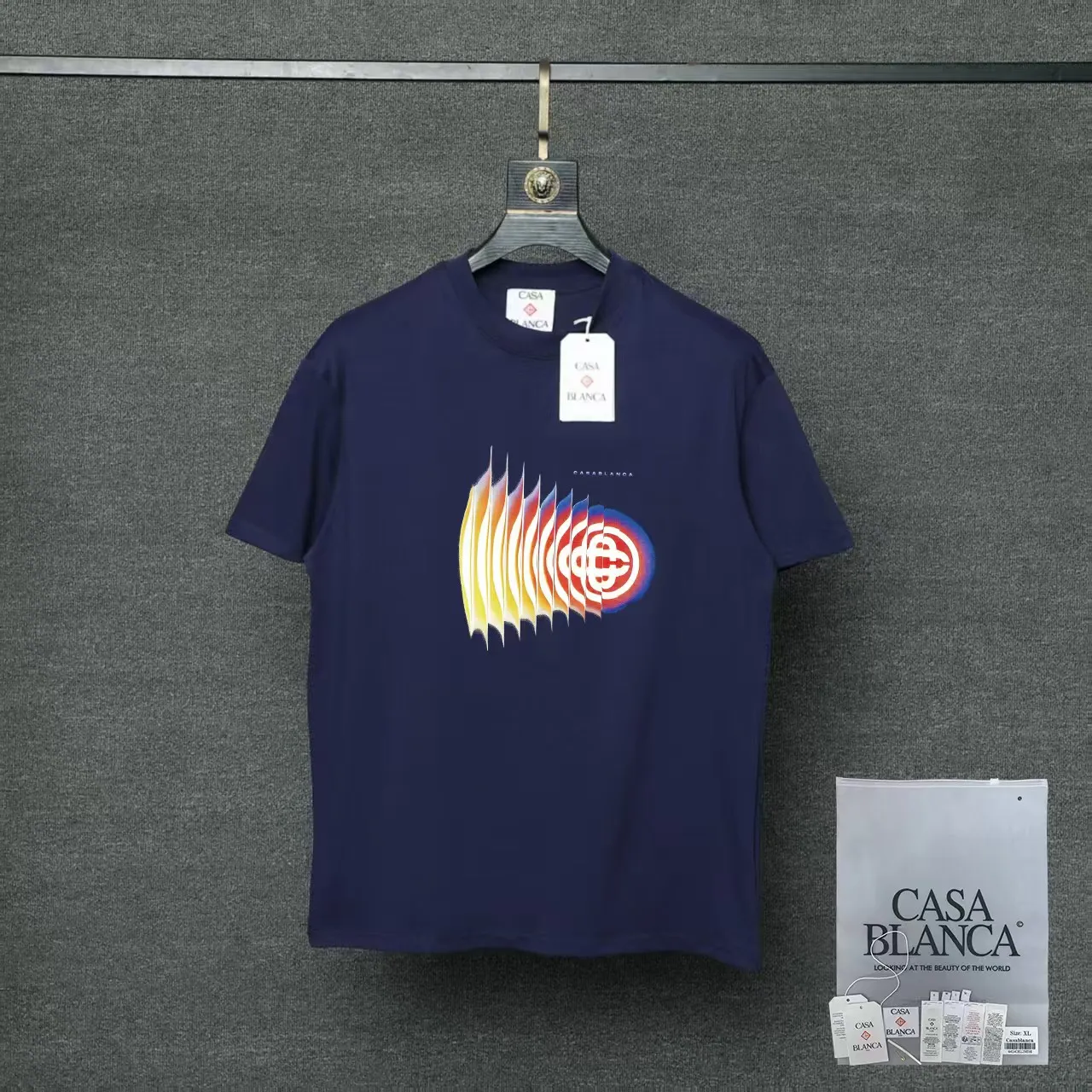 26ss CASABLANCA original printing process short-sleeved T-shirt original development using high-density double yarn pure cotton fabric upper body soft and comfortable color Black White Dark Green color Orange Pink Blue Royal Blue color cigarette powder 8 colors Sizes S M L XL